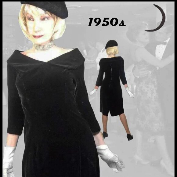 Black Velvet Cocktail Dress Vintage 50s Curvy Sheath with Sleeves - Sassy! - Picture 1 of 16
